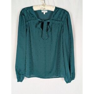 NWT Luxology Blouse L Women's Green Polka Dot Tie Neck Long Sleeve Satin